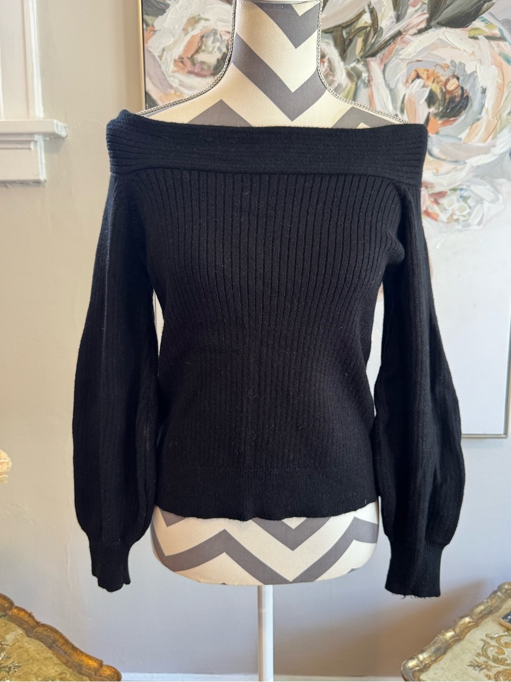 Boutique Off-the-Shoulder Ribbed Black Sweater